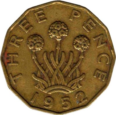 Worldcoins / Km 0873 / Great Britain / Groot-Brittannie / 3 Pence / 1952 / Unc