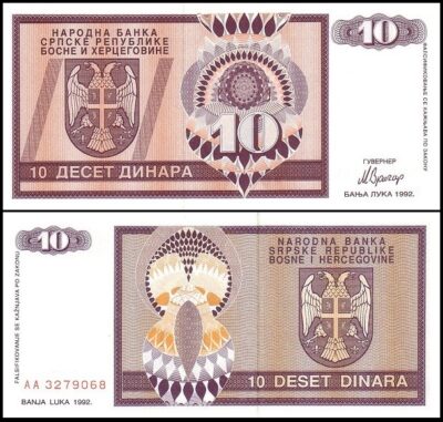 bankbiljetten / 133a / Bosnia & Herzegovina / Bosnie en Herzegovina / 10 Dinara / 1992 / Unc