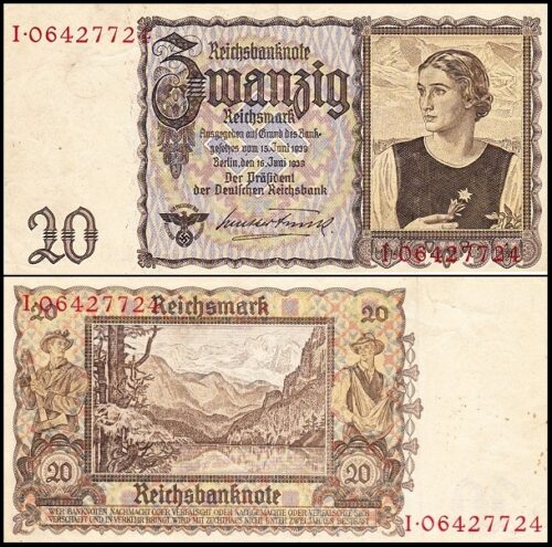 bankbiljetten / 185 / Germany / Duitsland / 20 Reichsmark / 1939 / Aunc