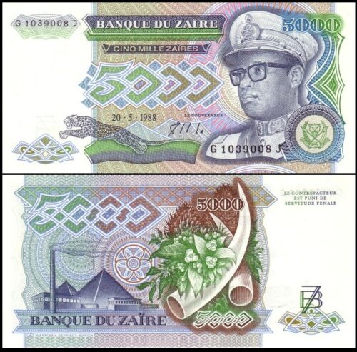 bankbiljetten / 037b / Zaire / 5000 Zaires / 1988 / Unc