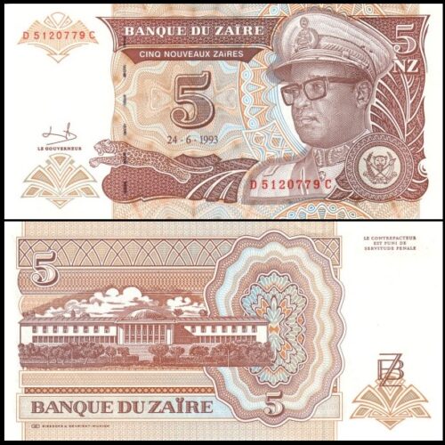 bankbiljetten / 053a / Zaire / 5 Zaires / 1993 / Unc