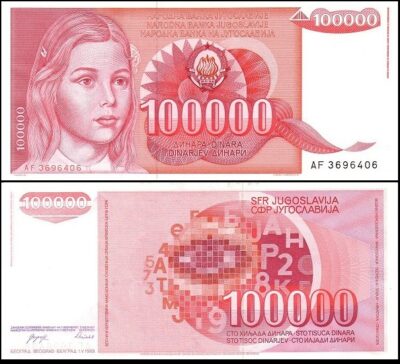 bankbiljetten / 097 / Yugoslavia / Joegoslavie / 100000 Dinara / 1989 / Unc