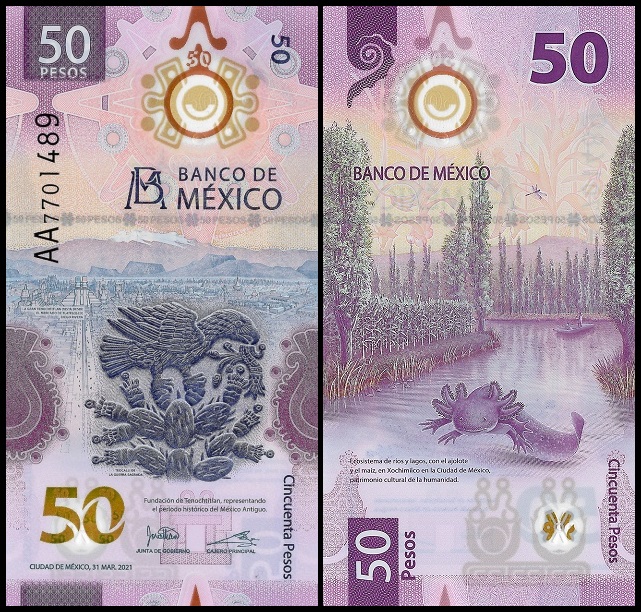 thumbnail image 2 of Mexico 50 Pesos 2021-2023 Polymer Banknote – P-New UNC, Completely Redesigned 2 of 5