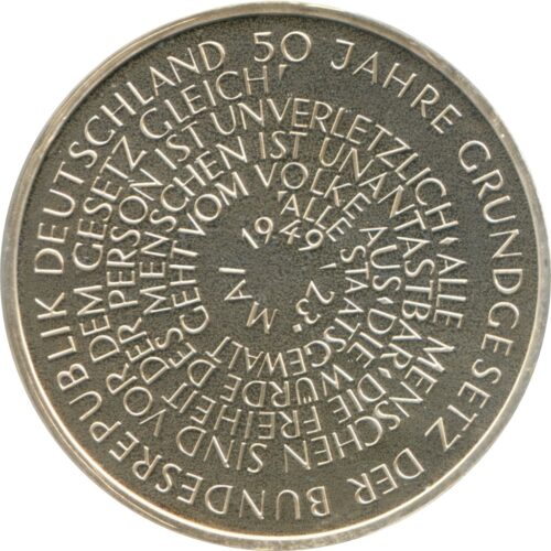Worldcoins / Km 196 / Germany / 10 Mark / 1999 J / Proof / Grondwet / Zilver 0.925 / In Munthouder