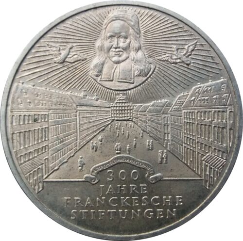 Worldcoins / Km 194 / Germany / 10 Mark / 1998 G / Proof / Franckesche Stifungen / Zilver 0.925 / In Munthouder