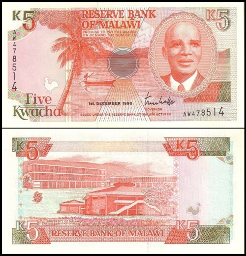 bankbiljetten / 024a / Malawi / 5 Kwacha / 1990 / Unc