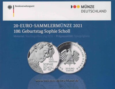 Euromunten / Duitsland / 2021 D / 20 Euro / Proof / Zilver 0.925 / 100ste Geboortedag Sophie Scholl