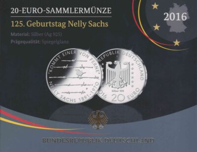 Euromunten / Duitsland / 2016 F / 20 Euro / Proof / Zilver 0.925 / Nelly Sachs