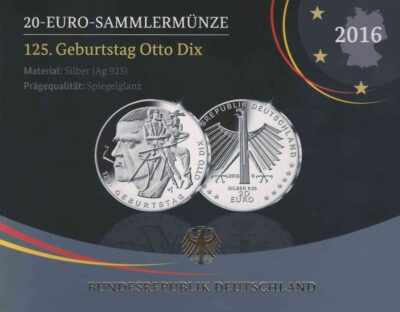Euromunten / Duitsland / 2016 G / 20 Euro / Proof / Zilver 0.925 / Otto Dix