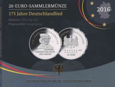 Euromunten / Duitsland / 2016 J / 20 Euro / Proof / Zilver 0.925 / 175 Jaar Duitsland