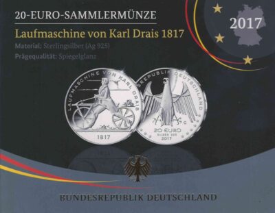 Euromunten / Duitsland / 2017 G / 20 Euro / Proof / Zilver 0.925 / Karl Drais Loop Machine