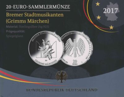 Euromunten / Duitsland / 2017 J / 20 Euro / Proof / Zilver 0.925 / Bremer Stadsmuzikanten