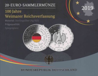 Euromunten / Duitsland / 2019 A / 20 Euro / Proof / Zilver 0.925 / 100 Jaar Weimarer Reichsverfassung