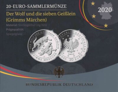 Euromunten / Duitsland / 2020 D / 20 Euro / Proof / Zilver 0.925 / Grimms Marchen / De Wolf En De Zeven Geitjes