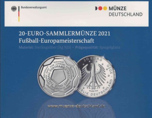 Euromunten / Duitsland / 2021 J / 20 Euro / Proof / Zilver 0.925 / Europees Voetbal Kampioenschap