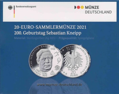 Euromunten / Duitsland / 2021 G / 20 Euro / Proof / Zilver 0.925 / 200ste Geboortedag Sebastian Kneipp