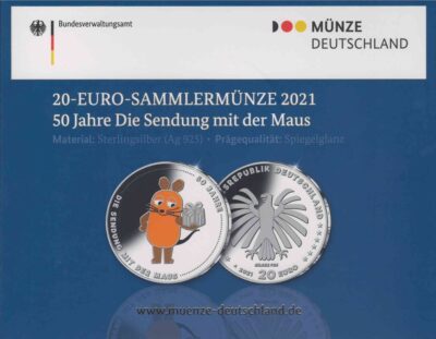 Euromunten / Duitsland / 2021 A / 20 Euro / Proof / Zilver 0.925 / 50 Jaar Die Sendung Mit Der Maus