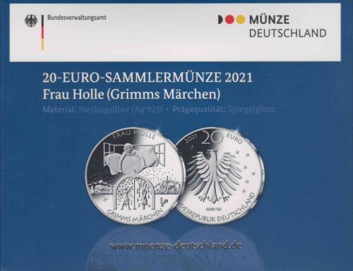 Euromunten / Duitsland / 2021 F / 20 Euro / Proof / Zilver 0.925 / Grimms Marchen / Vrouw Holle