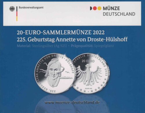 Euromunten / Duitsland / 2022 G / 20 Euro / Proof / Zilver 0.925 / 225ste Geboortedag Annette Von Droste-Hulshoff