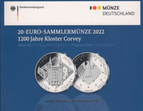 Euromunten / Duitsland / 2022 F / 20 Euro / Proof / Zilver 0.925 / 1200 Jaar Klooster Corvey