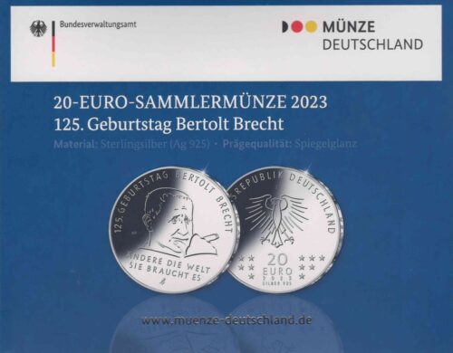 Euromunten / Duitsland / 2023 J / 20 Euro / Proof / Zilver 0.925 / 125ste Geboortedag Van Bertolt Brecht