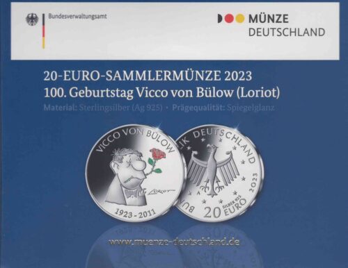Euromunten / Duitsland / 2023 A / 20 Euro / Proof / Zilver 0.925 / 100ste Geboortedag Van Vicco Von Bulow (Loriot)
