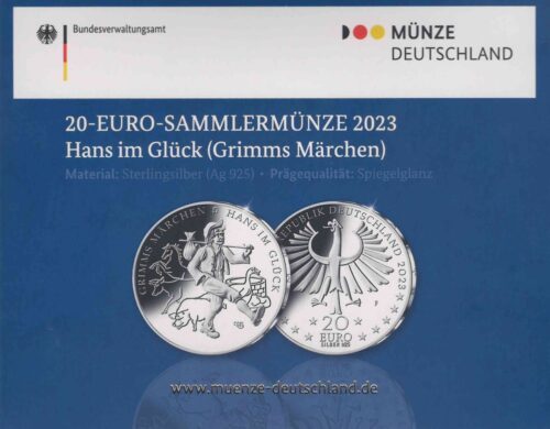 Euromunten / Duitsland / 2023 F / 20 Euro / Proof / Zilver 0.925 / Grimms Marchen / Hans Im Gluck