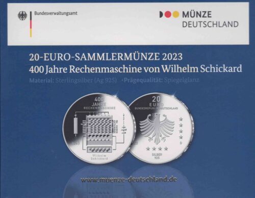 Euromunten / Duitsland / 2023 D / 20 Euro / Proof / Zilver 0.925 / 400 Jaar Rekenmachine Van Wilhelm Schickard