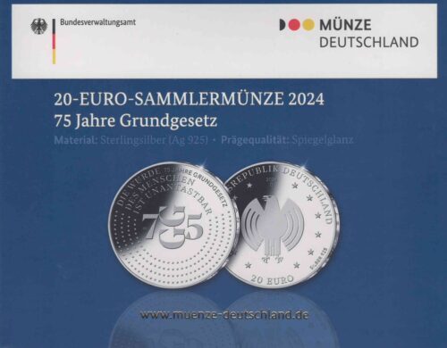 Euromunten / Duitsland / 2024 G / 20 Euro / Proof / Zilver 0.925 / 75 Jaar Grondwet