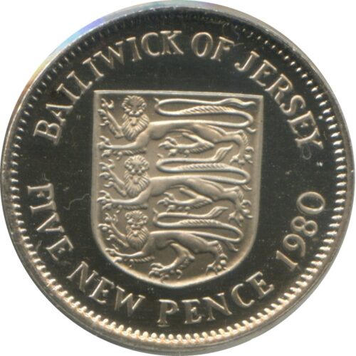 Worldcoins / Km 032 / Jersey / 5 New Pence / 1980 / Unc