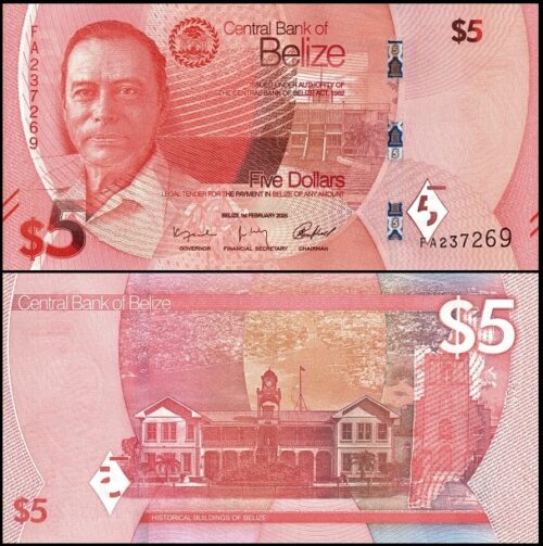bankbiljetten / 074 / Belize / 5 Dollars / 2025 / Unc