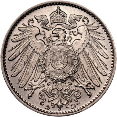Worldcoins / Km 014 / Germany - Weimar Republic / 1 Mark / 1905 J / Zf+ / Zilver 0.900