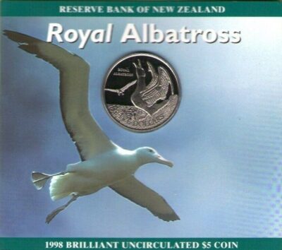 Worldcoins / Km 107 / New Zealand / Nieuw-Zeeland / 5 Dollars / 1998 / Bu Blister / Royal Albatross