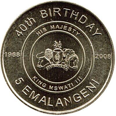 Worldcoins / Km 055 / Swaziland / 5 Emalangeni / 2008 / Unc / 40ste Verjaardag