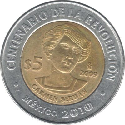 Worldcoins / Km 0909 / Mexico / 2010 / 5 Pesos / Unc / Carmen Serdán