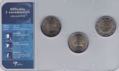 Euromunten / Officiële Collectie KNM / 2 Euro / Unc / Spanje 2007 VVR / Portugal EMU / Frankrijk Voorzitter EU