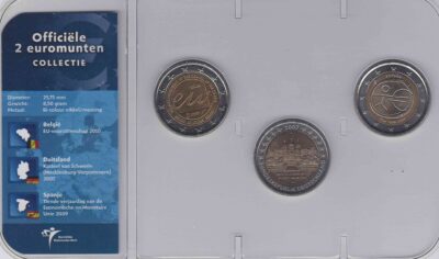 Euromunten / Officiële Collectie KNM / 2 Euro / Unc / Spanje 2009 EMU / Duitsland 2007 Mecklenburg / Belgie 2010 Voorzitter EU