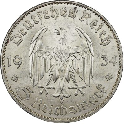 Worldcoins / Km 082 / Germany - Third Reich / 5 Mark / 1934 J / Zf / Zilver 0.900